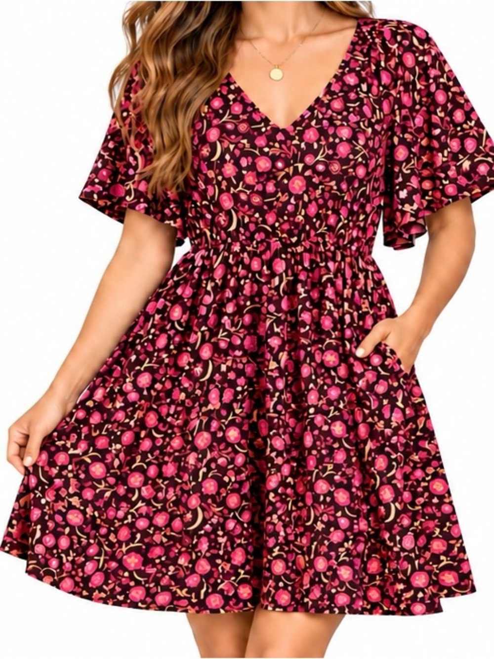 Old Navy Women’s XL Floral Fit & Flare V-Neck Flutter Sleeve Dress Pockets